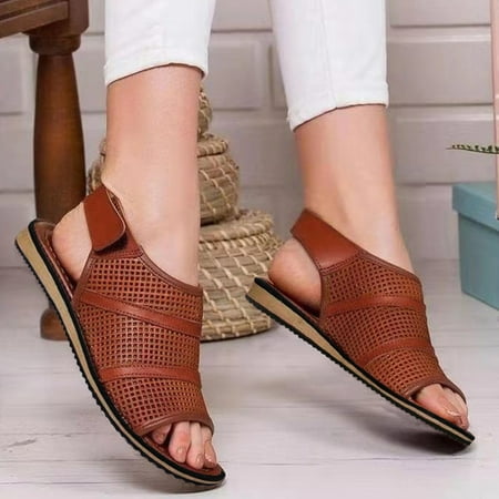 

HIBRO Women s Fashion Breathable Leather Fish Mouth Hollow Flat Roman Sandals