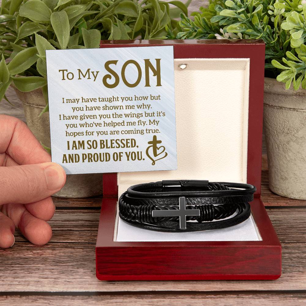 To My Son I Am So Blessed Men's Stainless Steel & Vegan Leather Cross Bracelet - Vegan Leather with Stainless Steel