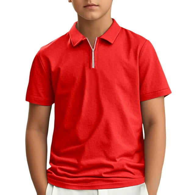 Hiiyo Big Boys Zipper Collared Polo Shirt Solid Color Short Sleeve Casual T-Shirt