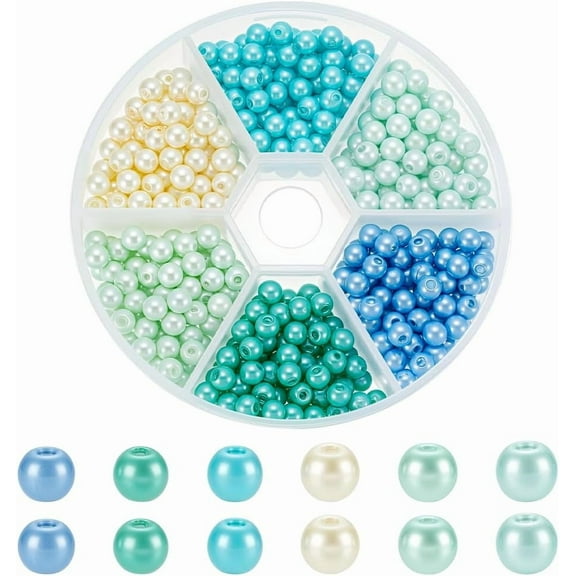 480pcs 6 Colors Pearl Beads Blue Green Series Glass Beads 4mm Satin Pearl Bead Craft Bead Spacers for Summer Ocean Themed Necklace Bracelet Jewellery Making