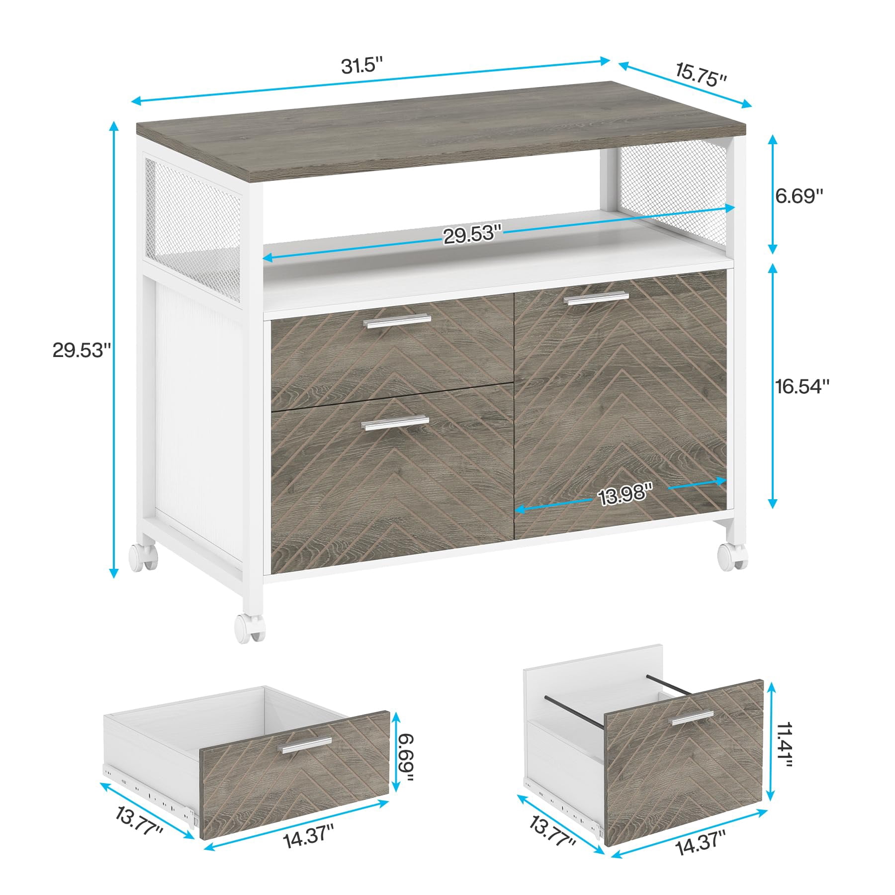 Fnova Modern File Cabinet with Drawers for Letter-Sized File and Door, lateral Filing Cabinet Printer Stand with Storage Shelves and with Rolling Caster for Home Office, Oka