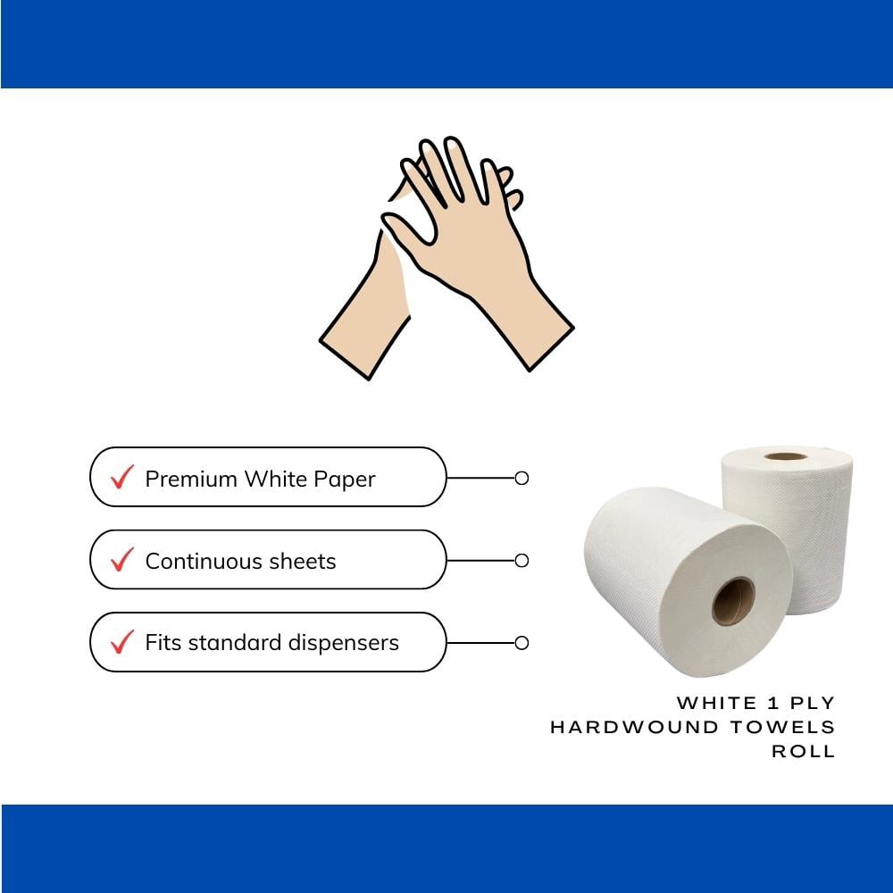 SSBM 8" x 600' 2" Core Hardwound High-Quality Premium White Paper Towel, Superior softness, Highly Absorbent, and Strength, 1 Ply, White, 30 Cases/360 Rolls
