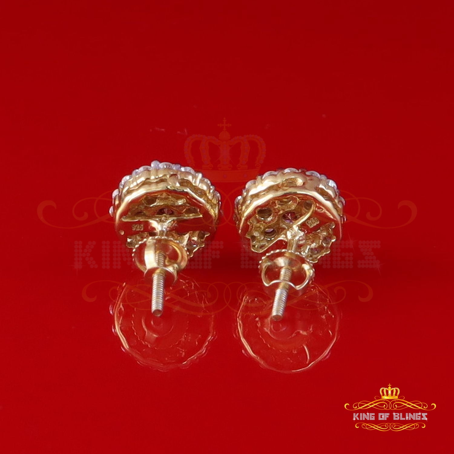 King of Bling's 925 Silver Yellow 1.33ct VVS D Pink Moissanite Round Men's/Women's Stud Earrings