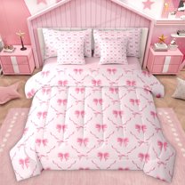 Homewish Kawaii Princess Bowknot Twin Bedding Sets 7-Piece, Cartoon Pink Ribbon Bedding Comforter Set, Teens Kids Girl Female Reversible Sheet Sets, Breathable Home Decor