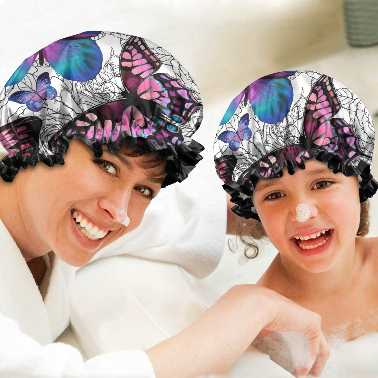 Shower Caps,Purple Butterfly Rose Pattern Waterproof Shower Cap for Women 4 Pieces,Double Reusable Hair Cover for Shower PEVA Elastic Stretch Hem