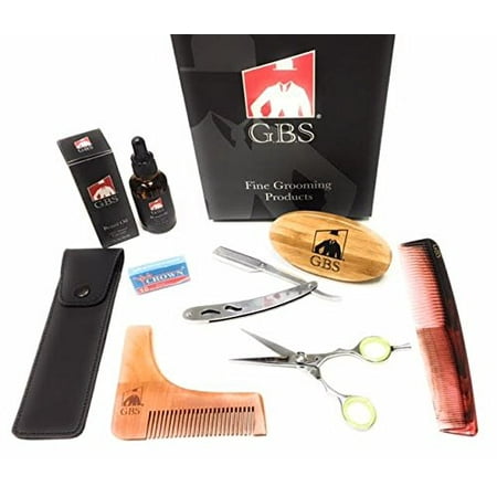 GBS Premium Beard Trimming Set- Cutting and Styling Scissors, 1oz Unscented Beard Oil, Boar Bristle Beard Brush, Barber Shavette, Beard