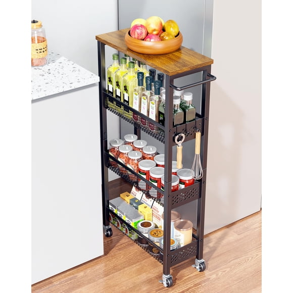 Carrito de almacenamiento estrecho de 4 niveles con ruedas y superficie de madera OKZEST