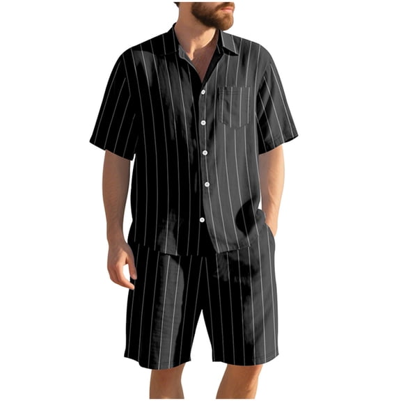 Makaor Linen Sets for Men Big and Tall 2 Piece Linen Striped Matching Sets Beach Travel Outfits Short Sleeve Button down Shirts Drawstring Shorts Trendy Vacation Clothes