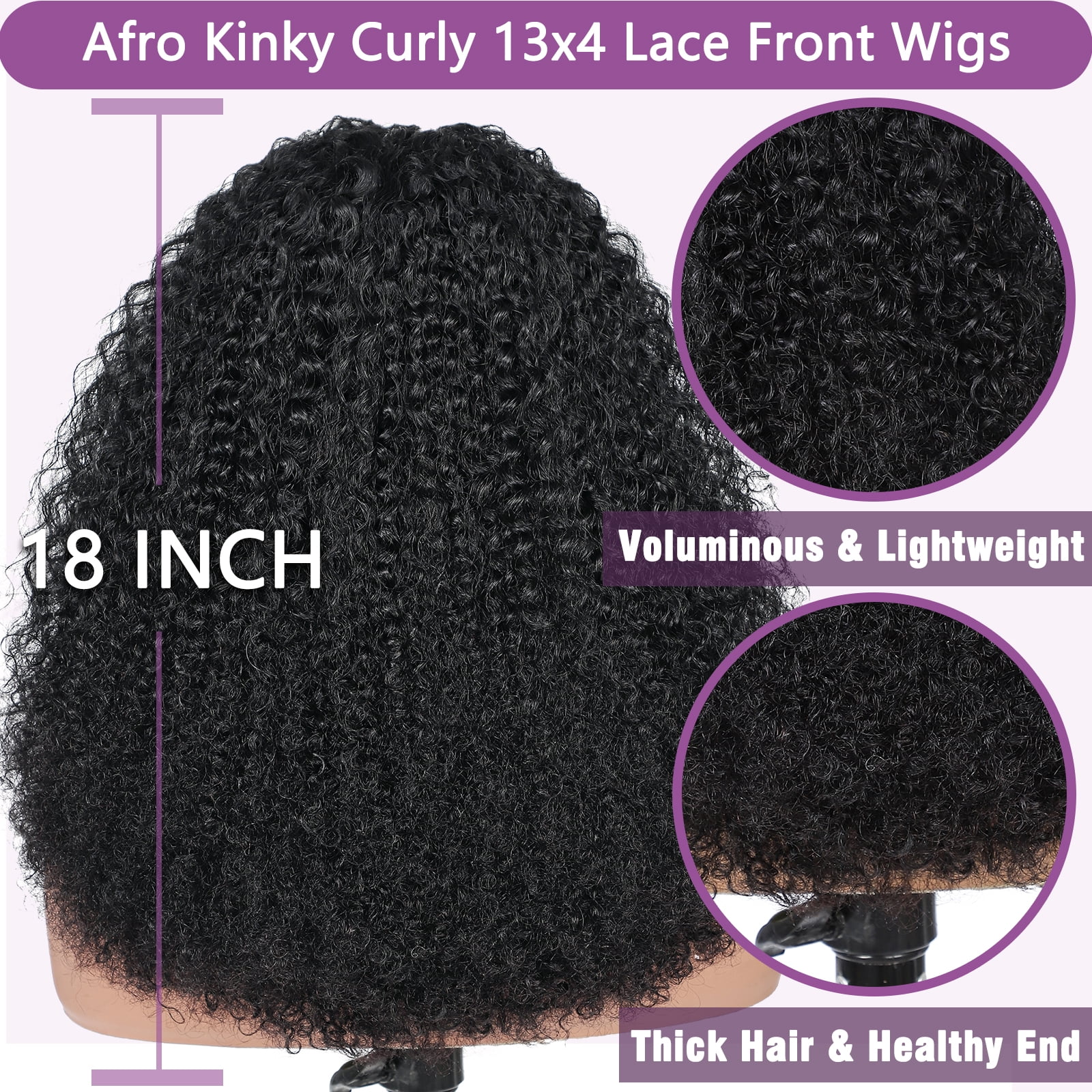 UREMY Kinkycurly Wig Human Hair 13x4 HD Lace Front Wigs Brazilian Virgin Human Hair Pre Plucked Curly Wigs for Black Women 180 Density Natural Color 18 Inch