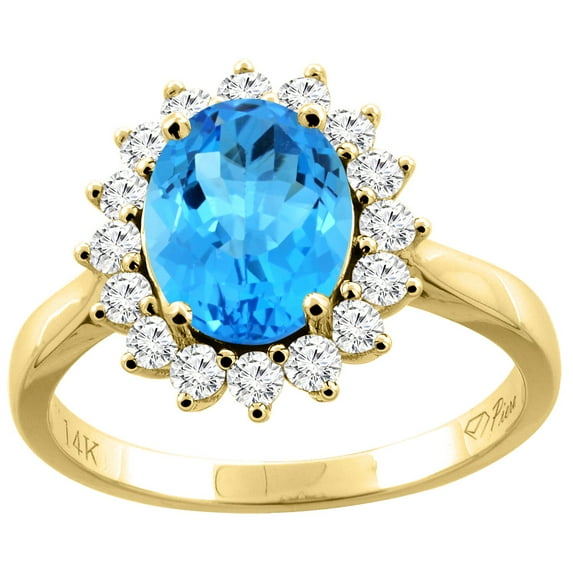 14K Yellow Gold Natural Swiss Blue Topaz Ring Oval 9x7 mm Diamond Accents, size 5.5