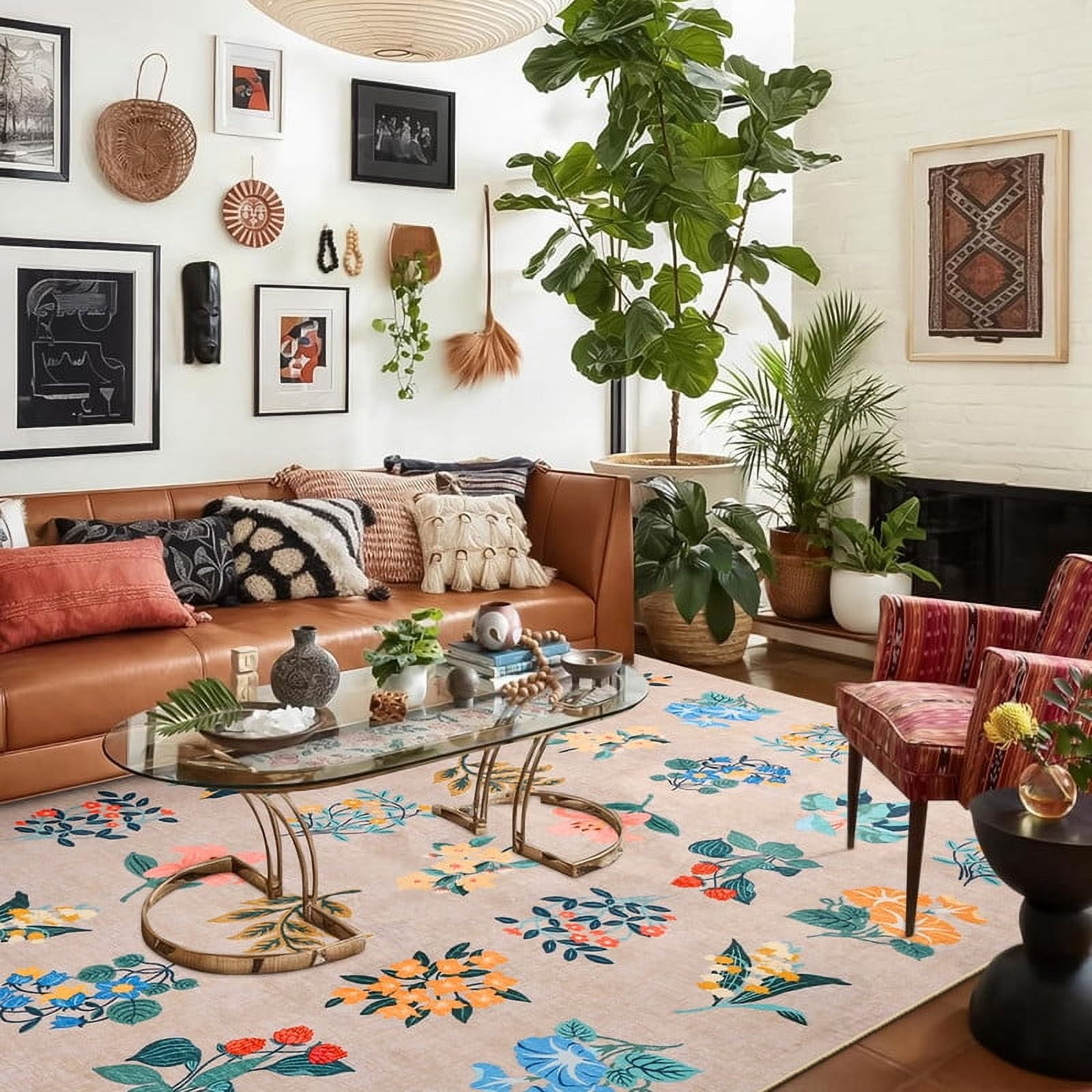 Jamfeel Rugs for Living Room Classic Boho Floral Print Floor Carpets Soft Low Pile Non-slip Washable Area Rug 6'x9' Beige