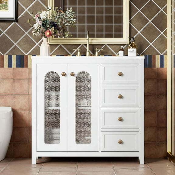 Yardi Yarda 36 Inch Bathroom Vanity with 2 Soft-Close Doors and 3 Drawers, Vanity with Adjustable Shelves, White