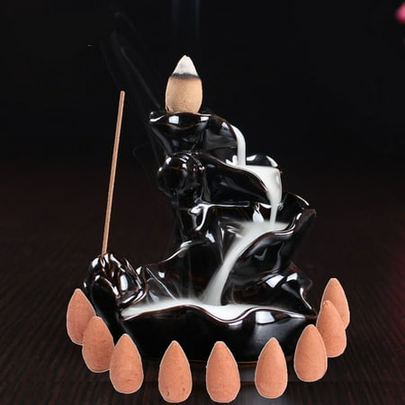 - 2-style Backflow Incense Burner Holder Handmade Black Porcelain Ceramic Glaze Feng Shui Buddhist Censer + 10 Free Cones Home Decor