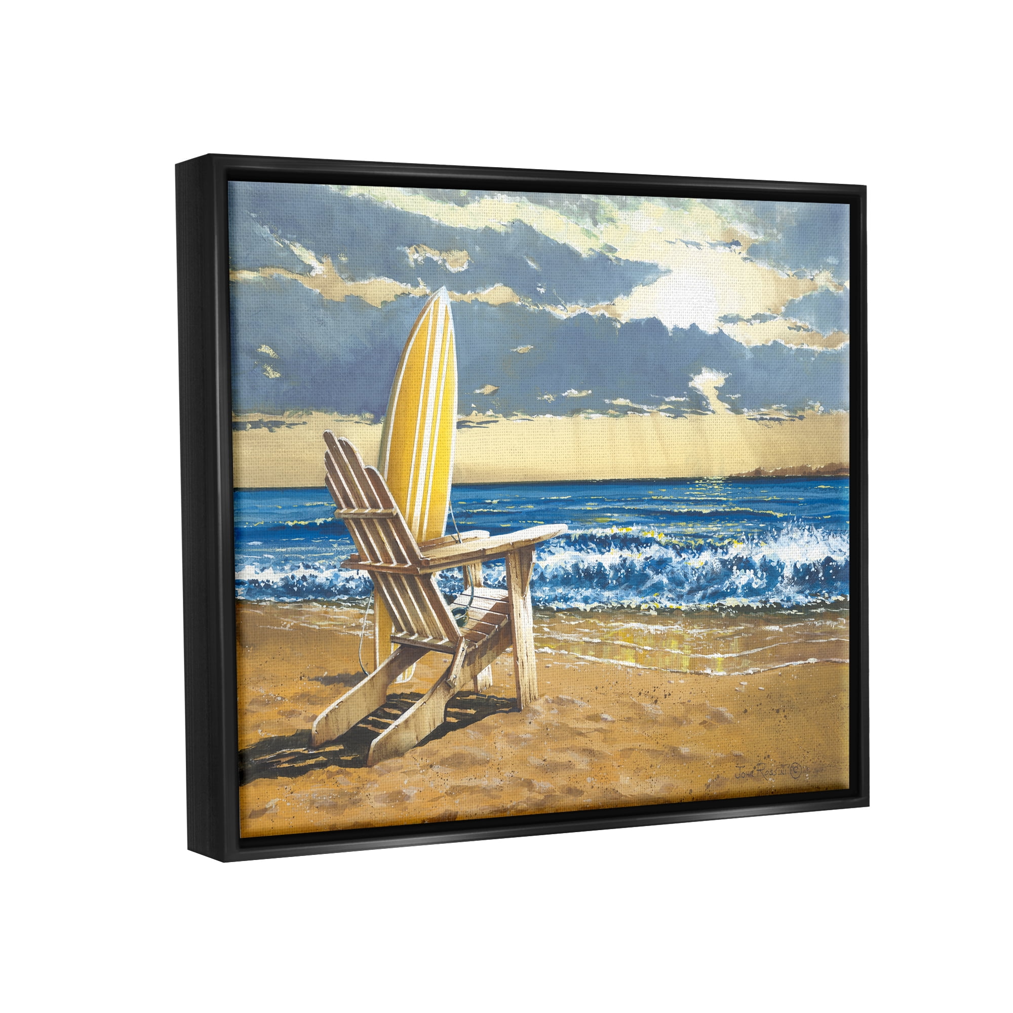 Stupell Industries Surfboard & Beach Waves Nature Painting Black Floater Framed Art Print Wall Art, 31 x 25
