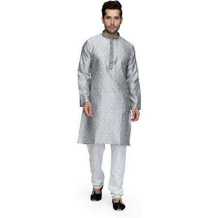 

Royal Kurta Mens Jacqaurd Silk Blend Kurta Churidaar (42 Silver)