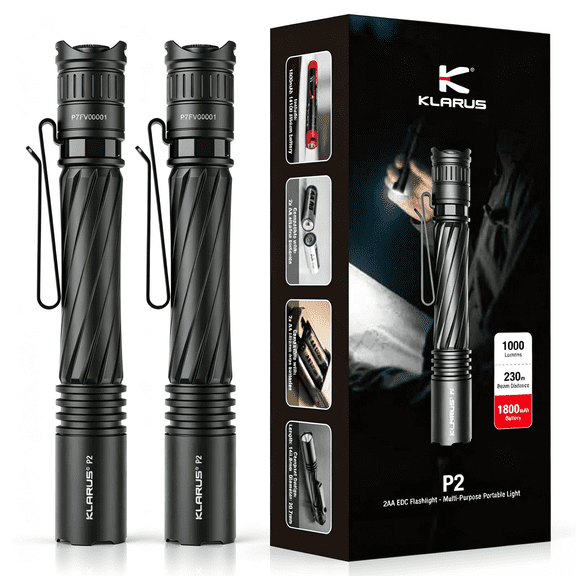 Klarus P2 Tactical Pen light, 1000 Lumens,IPX8 Waterproof, 1800mAh USB-C Rechargeable or 2AA, Pocket Flashlight,Black,2 Parks