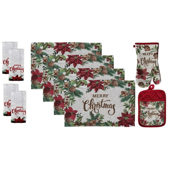 Red Poinsettia Flower 10 Pcs Tapestry Kitchen Set with Merry Christmas for Holiday Season, 4 Placemats, 4 Kitchen Towels, Oven Mitts, Pot Holders
