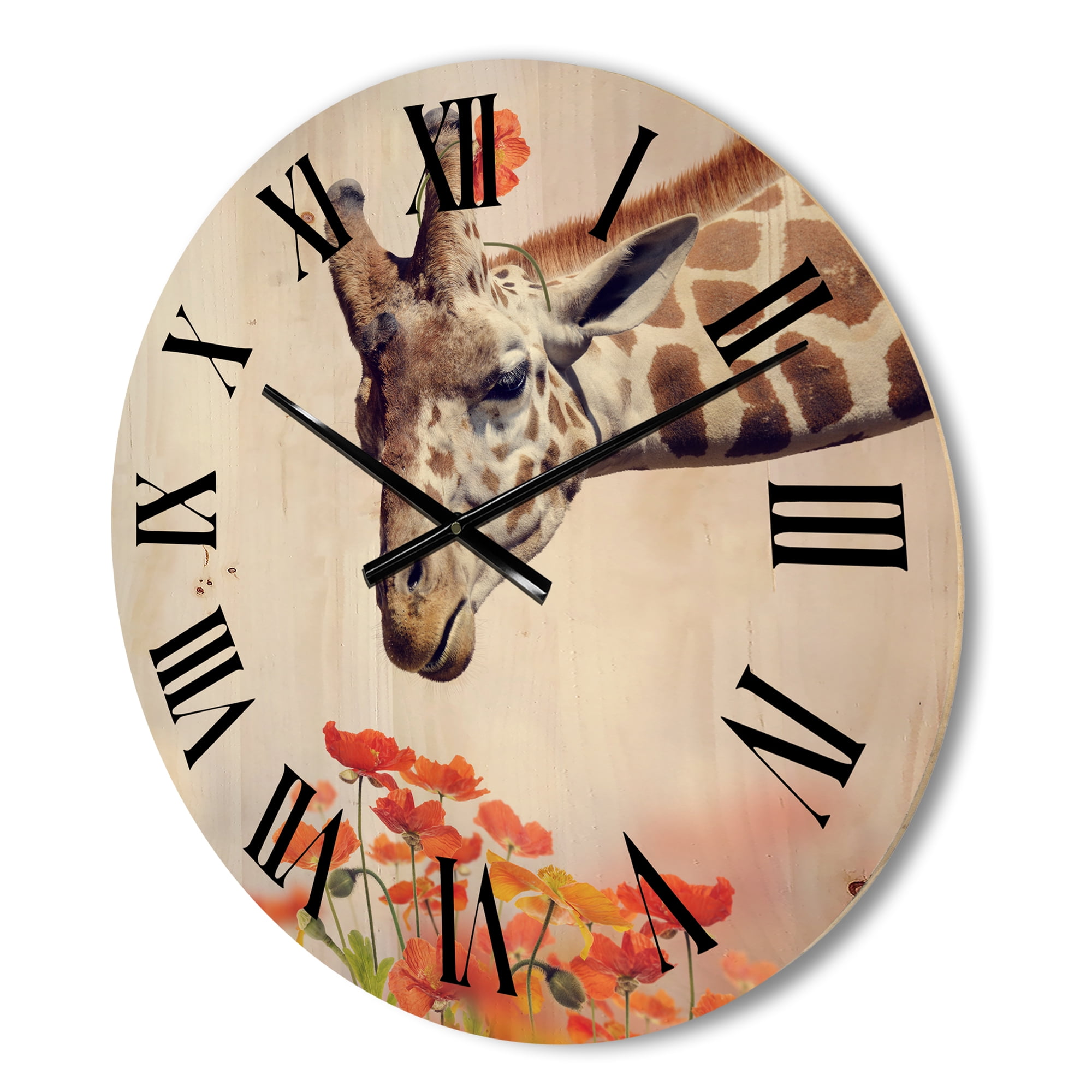 Designart 'Portrait of A Giraffe With Orange Flowers' Farmhouse Wood Wall Clock