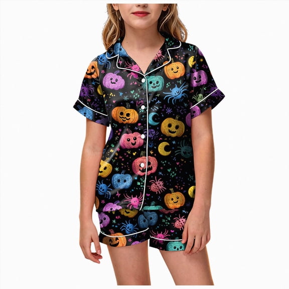 UAYOTSE Silky Button‑Up Satin Pajama for Kids Girls, Collared Short Sleeve Top plus Matching Shorts, Relaxed‑Fit Indoor Loungewear Outfit Size 12-13 Years