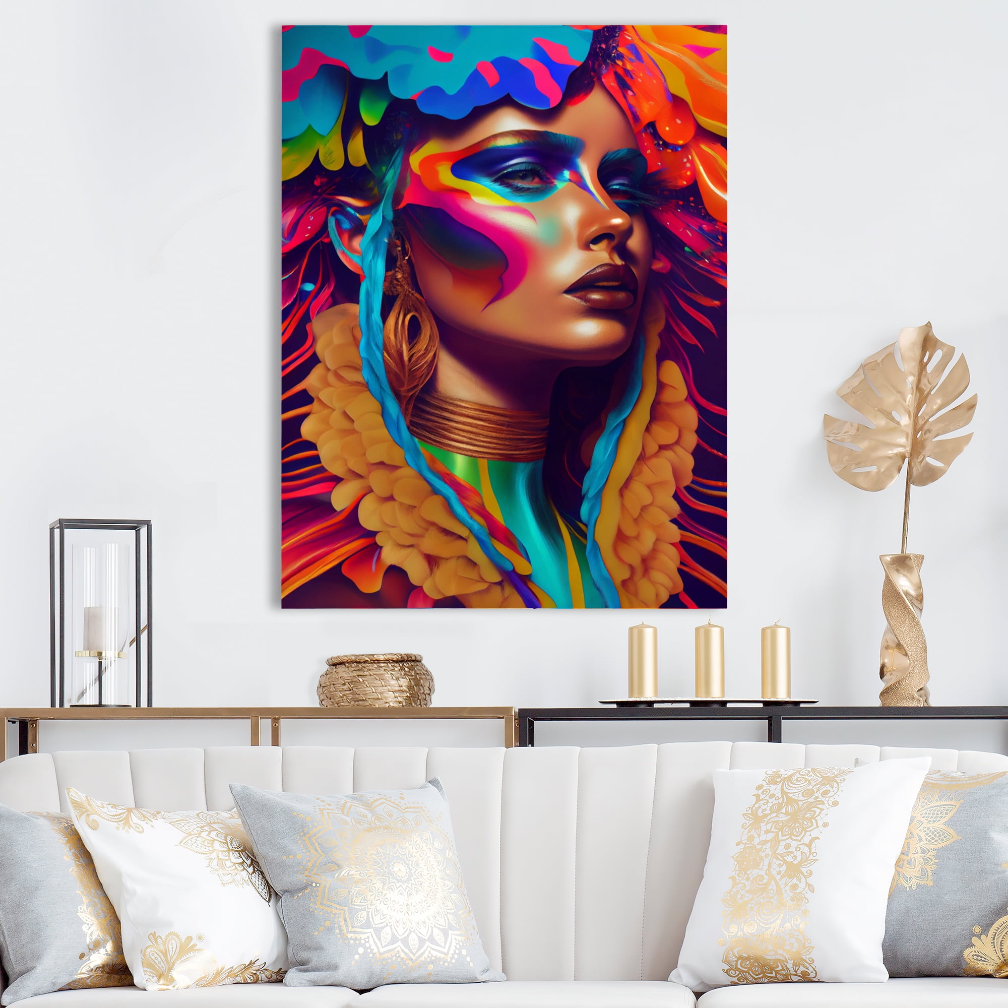 Designart Dynamic Feather Woman Portrait III Canvas Wall Art