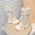 thumbnail image 3 of Girls Combat Boots Sweet Bow Pearl Strappy Chunky Non Slip Mid Calf Riding Booties Trendy Fall Dress Long Motorcycle Boots Beige 13 Little Kids, 3 of 6