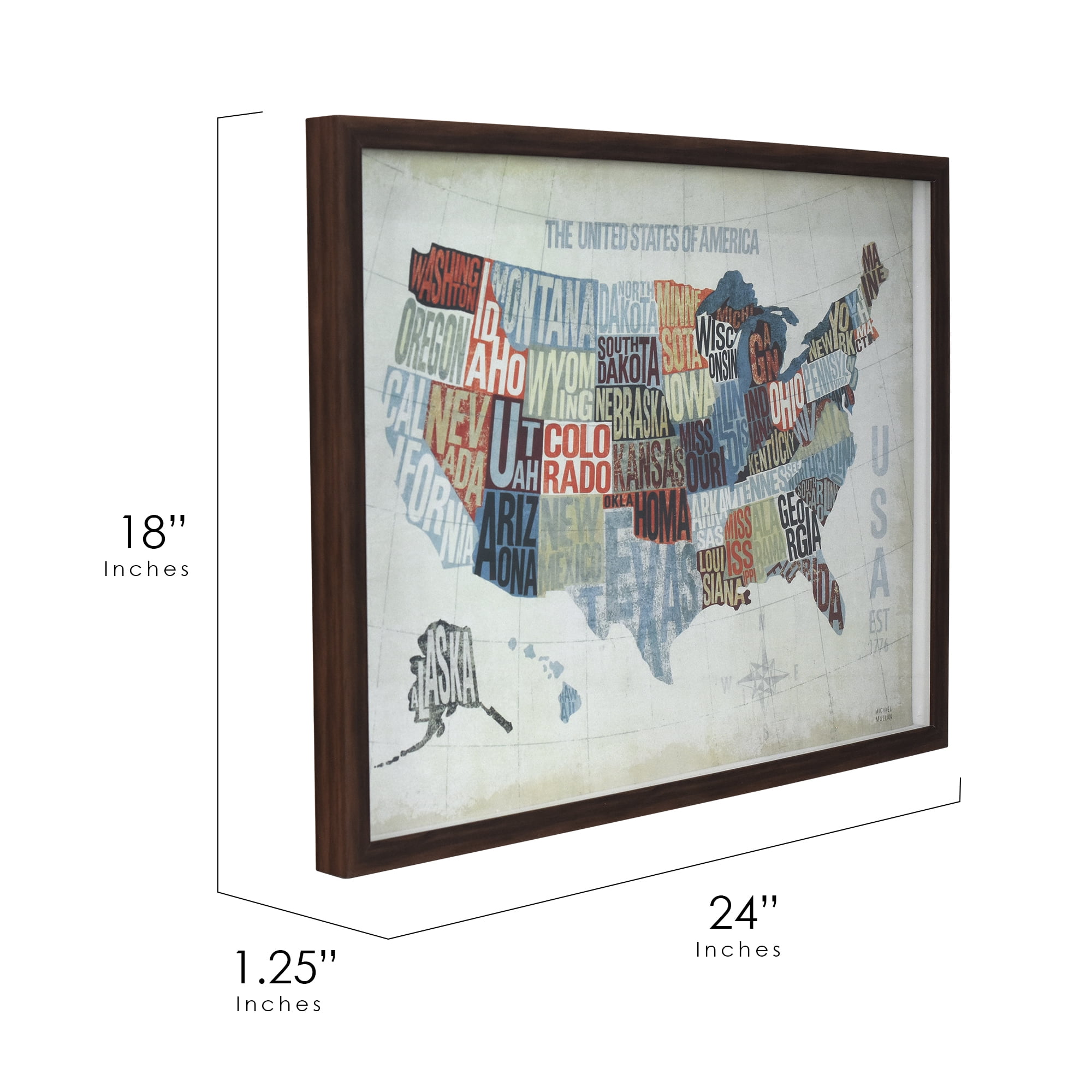 Crystal Art Gallery Framed Map of USA Wall Art Decor – Vintage Typography Map Print – Rustic Framed Artwork for Home, Office, or Classroom 24x18