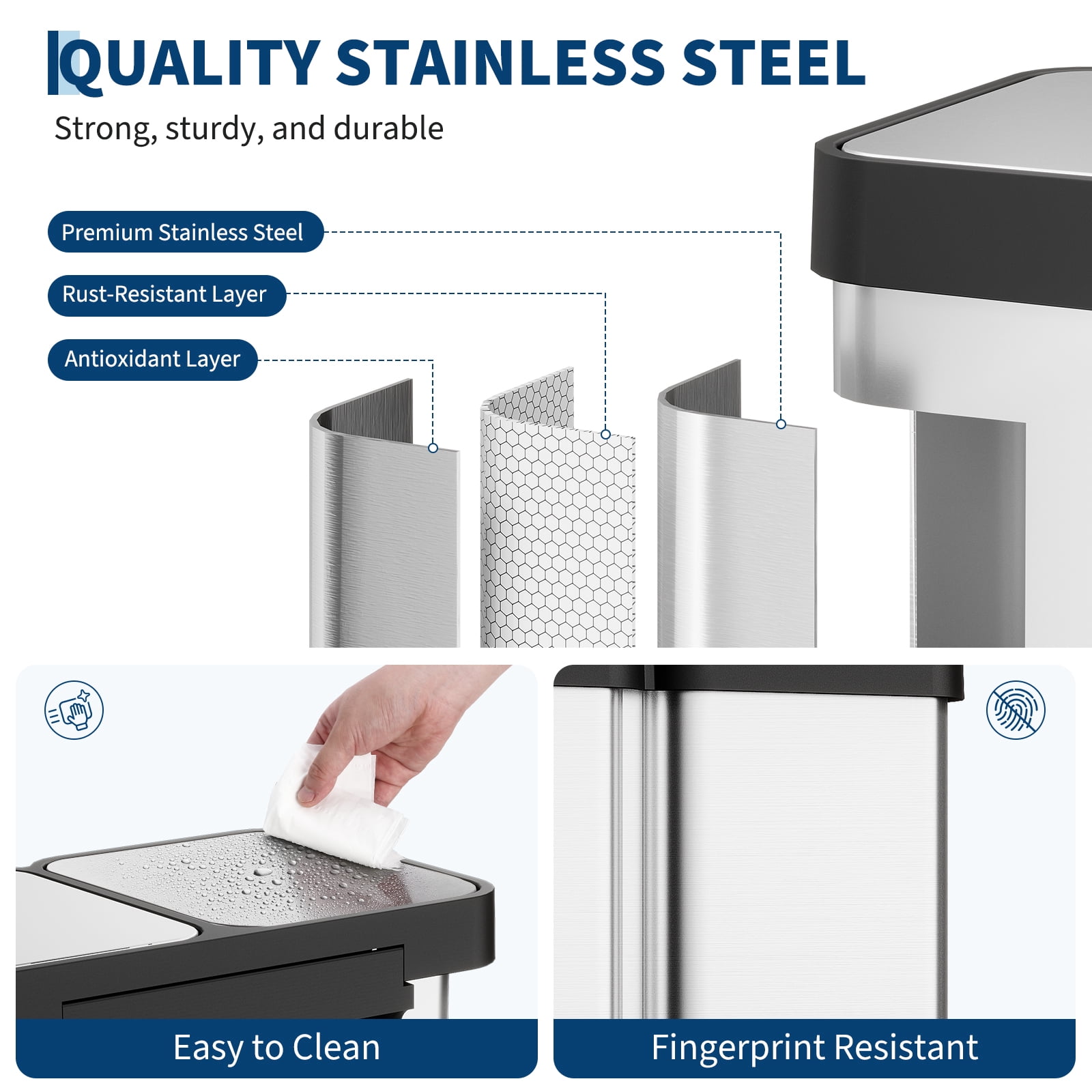 16 Gallon Trash Can with 2 Lids,Dual Compartment (2x30L) Stainless Steel Garbage Can,Fingerprint Resistant,Hands-Free Pedal,Step-On Garbage Can for Home, Office, or Kitchen(No Inner)