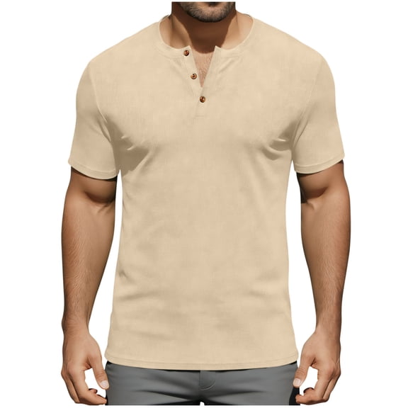 GUZOM Mens Henley T-Shirt Short Sleeve Slim Fit, Stretch Poly Spandex Casual & Workout Tee for Men, Khaki,Size XL