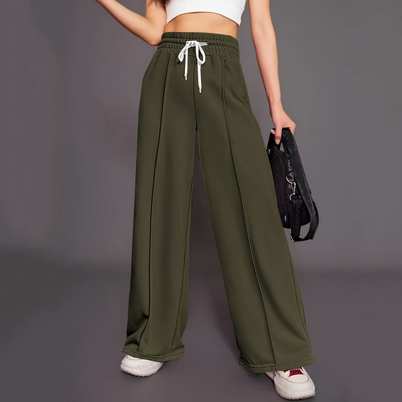WIZUTIZ Dress Pants for Women Ultra Thin Trendy Loose Wide Leg Slacks Pants Stretch Elastic High Waist 7/8 Length Pants Solid Drawstring with Pockets Dress Pants for Ladies Fitness Date Green