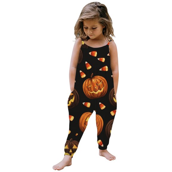 Gunia Halloween Toddler Girl Outfit Flannel Pumpkin Kids Suspender Romper Loose Harem Style Jumpsuit Festive Party Outfits Black 2-3 Years
