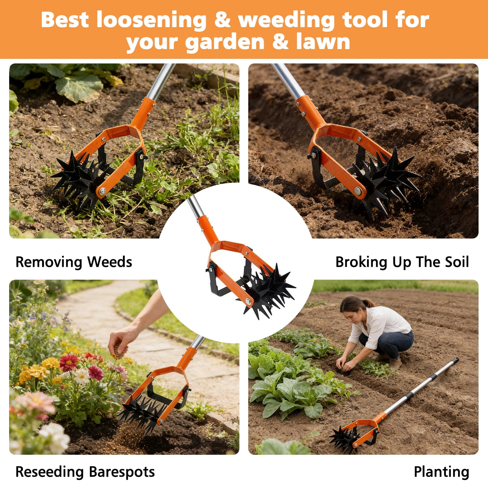 ROMUCHE Rotary Cultivator, Adjustable Long Handle Hand Tiller with Star Tines, 2-in-1 Manual Weeder for Lawn Care & Soil Mixing
