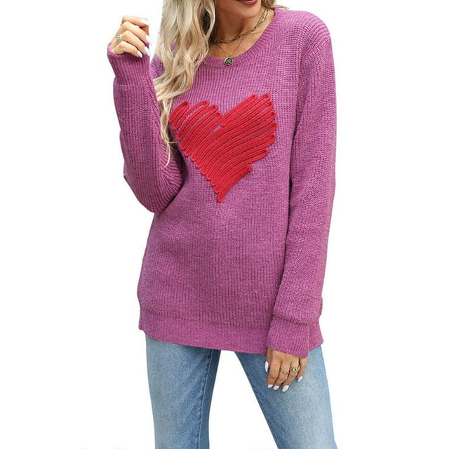 Gupgi Chandail Femme Cœur Amour Manches Longues Col Rond Saint-Valentin Tricot chandail