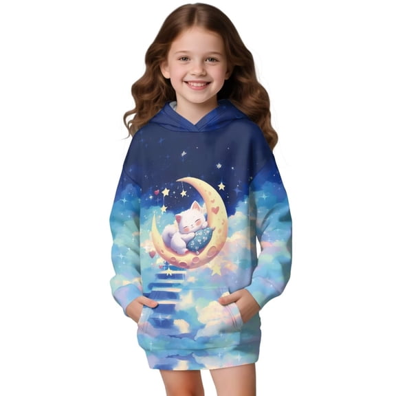Psesaysky Kids Girls Fleece Pullover Hoodies Long Sleeve Kawaii Cat with Moon Printed Hooded Sweatshirts with Pockets Casual Trendy Tops for 13-14 Years