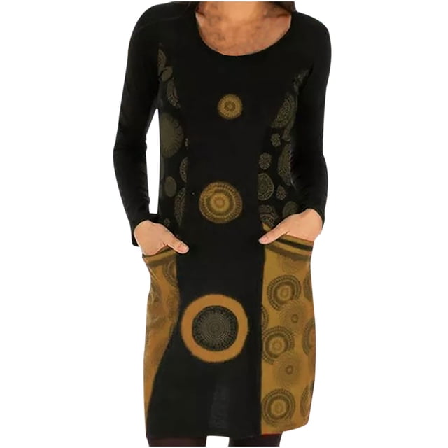 Pompotops Robe d'Été Vintage Rétro Décontractée à Manches Longues Col Rond avec Poches pour Femmes