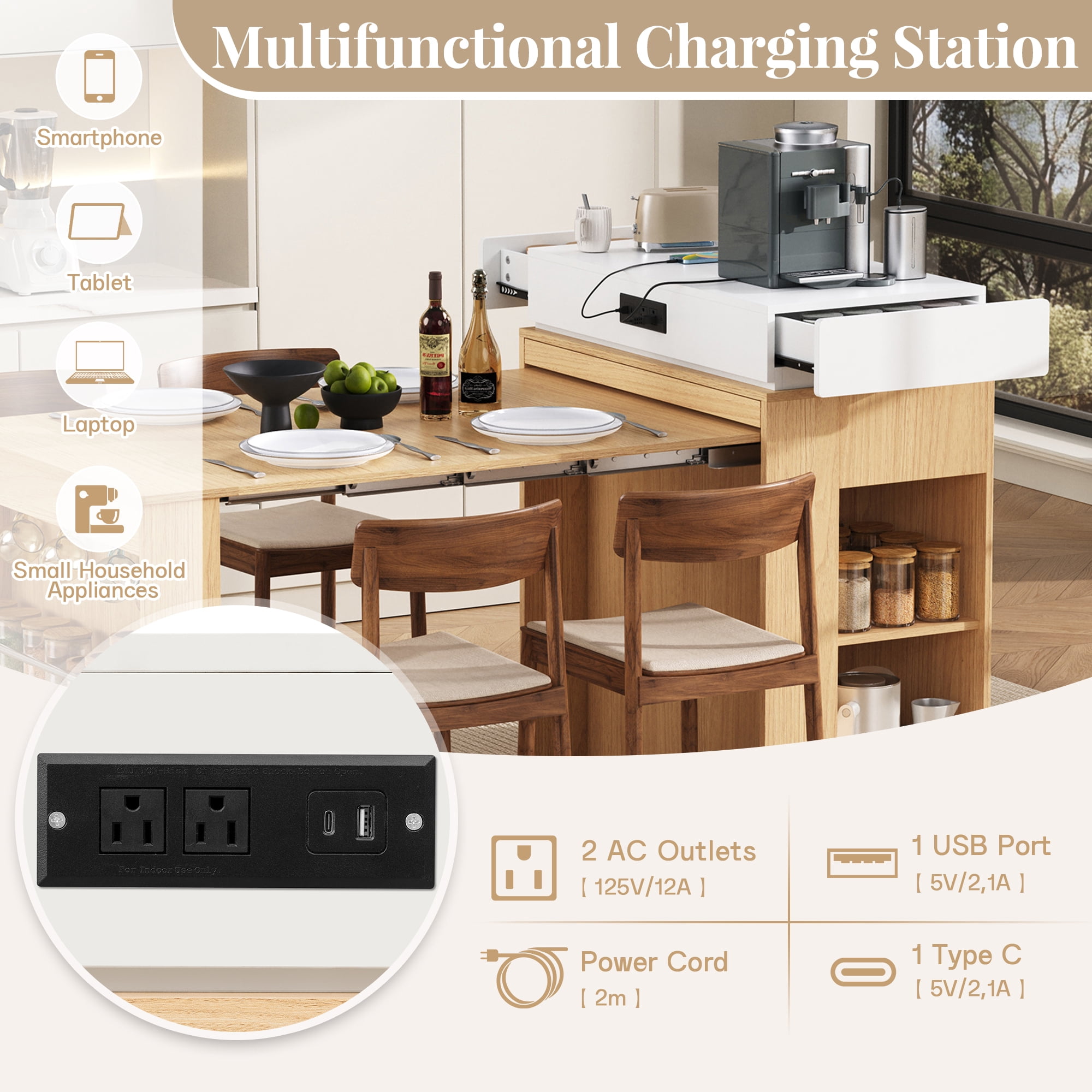 MODERNLUXE Extendable Dining Table with Folding Tabletop, Kitchen Island with Wheels,Hooks,Drawers and Power Outlet, Bar Table with Storage for Kitchen, Dining Room,Natural