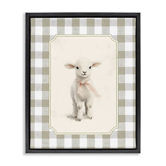 Stupell Industries Shabby Chic Gingham Lamb with Pink Ribbon Black Floating Frame Canvas Art, 17 x 21, by Arlington Prints