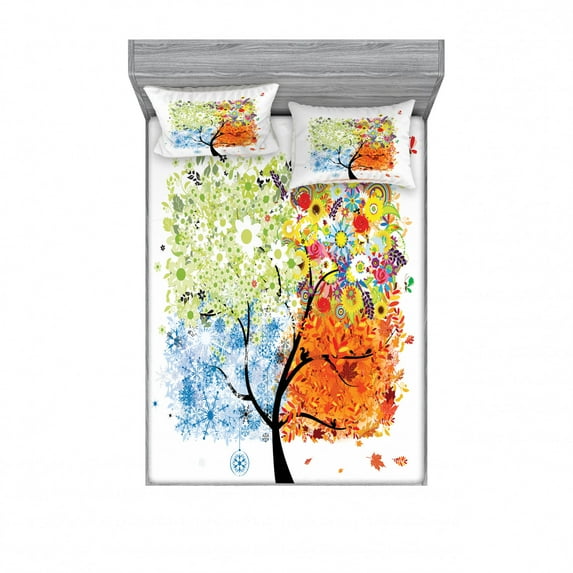 Ambesonne Tree Fitted Sheet & Pillow Sham Set, Flowers 4 Season Theme, Queen, Multicolor