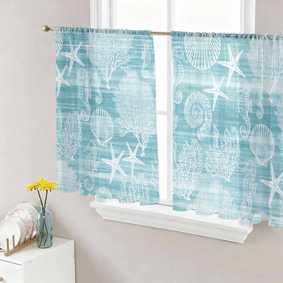 Turquoise Coastal Sheer Curtains 54 Inch Length 2 Panels Set, Nautical Coral Starfish Shell Seahorse Ocean Voile Window Treatment Rod Pocket Short Kitchen Curtains Drapes for Bedroom 52"x54"x2