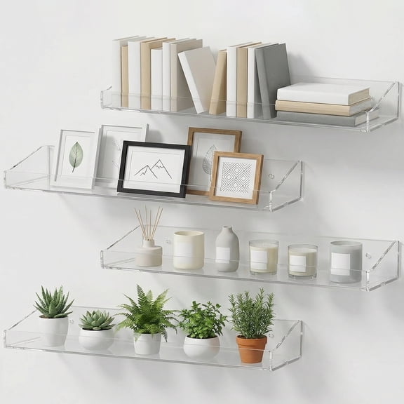4 Pack Clear Bathroom Shelf, Adhesive Acrylic Shower Caddy, No Drill Wall Mounted Floating Shelves for Makeup, Perfume and Skincare Organizer