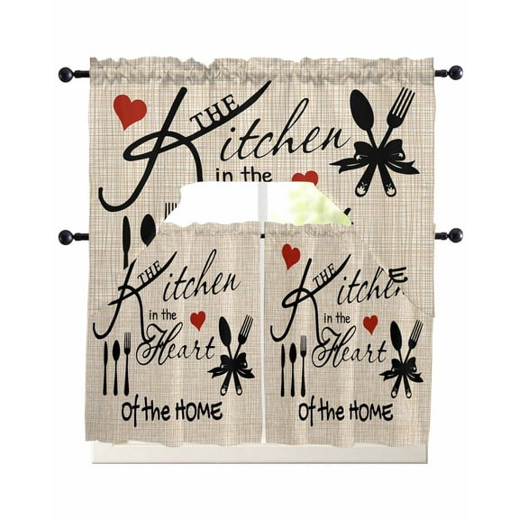 Farmhouse Retro Kitchen Curtains Swag Valance and Tier Curtains Set 24 Inch Length, Cartoon Funny Cook Theme Love Plaid Rod Pocket Drape Panels Pair Swag Curtain for Bathroom/Cafe/Window