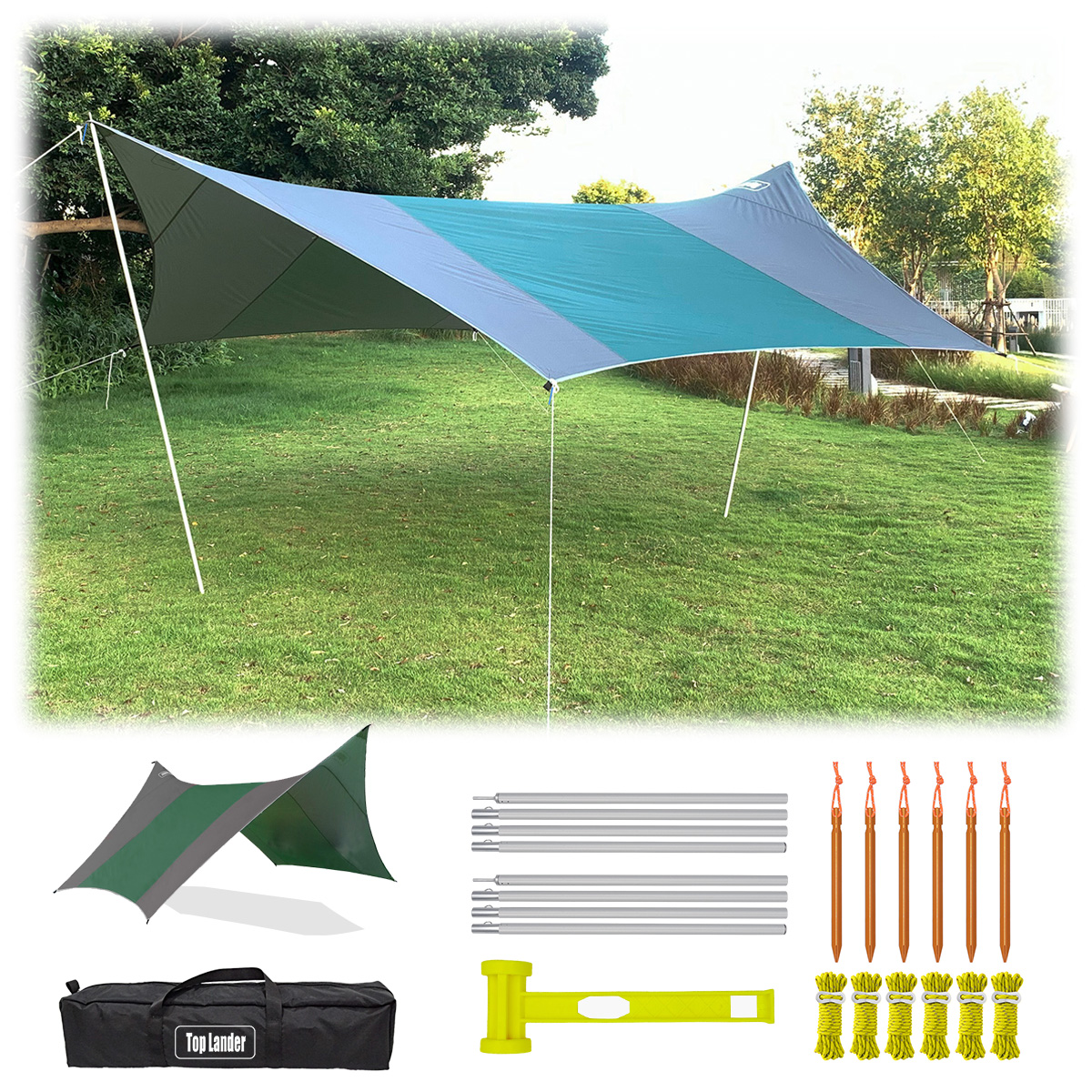 13x13ft Lightweight Camping Tarp with Poles Waterproof Tent Tarp Hammock  Rain Fly Sun Shelter