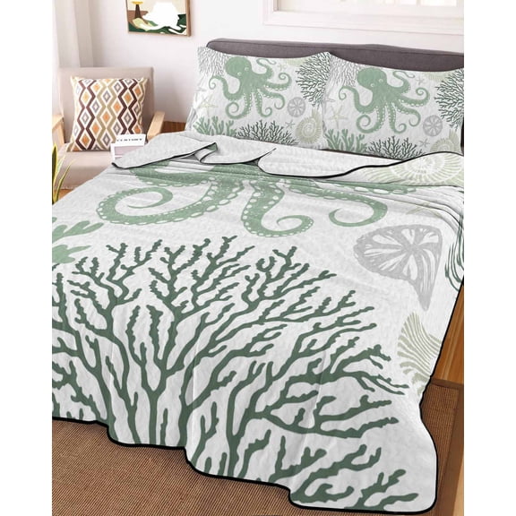 Sage Green Octopus Coastal King Size Down Alternative Comforter, Lightweight Comforter Quilt Bedding Set with Pillow Shams Nautical Coral Starfish All Seasons Bed Comforter Duvet Insert 96"x106"