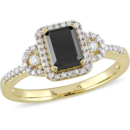 1-1/5 Carat T.W. Emerald- and Round-Cut Black and White Diamond 10kt Yellow Gold Three-Stone Vintage Halo Engagement Ring