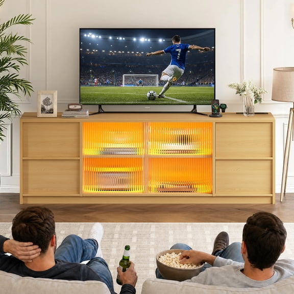GUNAITO TV Stand for TVs up to 75", Big TV Stand for Living Room with 4 Drawers and LED Lights, Entertainment Center with Storage, Natural