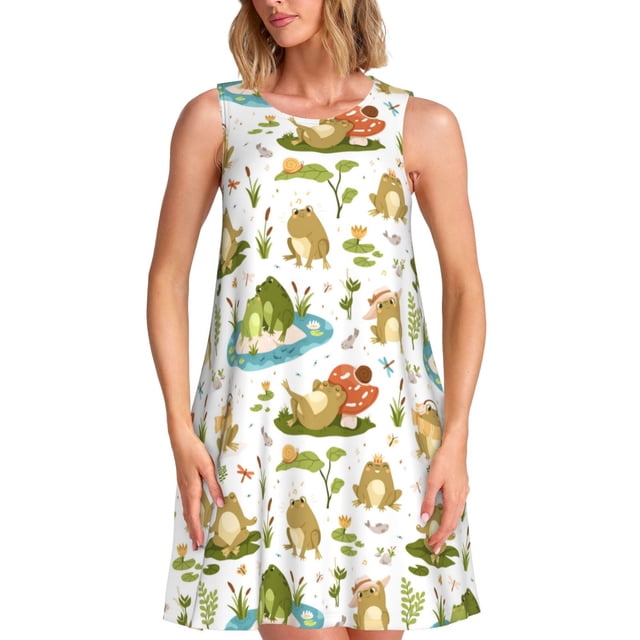 Balery Cute Frog Vestidos de verano para mujer con estampado: vestido holgado sin mangas, vestido playero informal y cómodo para días calurosos.