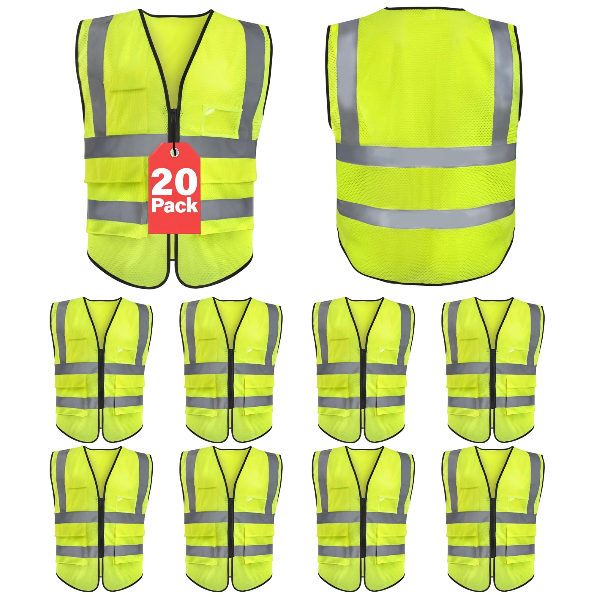 20 Pack of ANSI/ISEA Approved Reflective Yellow High Visibility Construction Safety Vests with Pockets and Zipper Closure for Men and Women