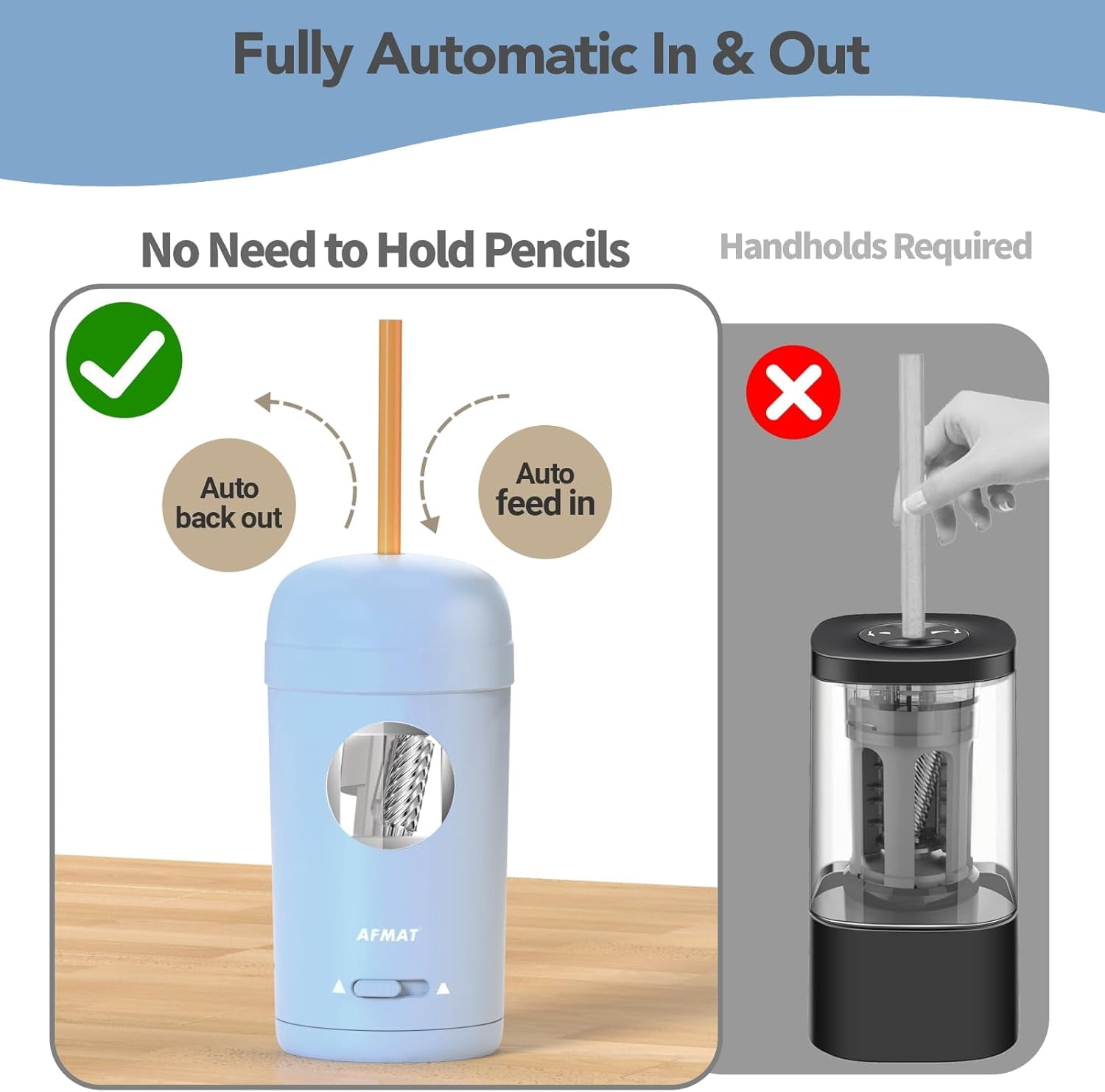 AFMAT Electric Pencil Sharpener, Fully Automatic Pencil Sharpener for 7-8mm Pencils & Colored Pencil, Auto in & Out, Rechargeable Vertical Hands-Free Sharpeners for Classroom/Home/Office,Blue