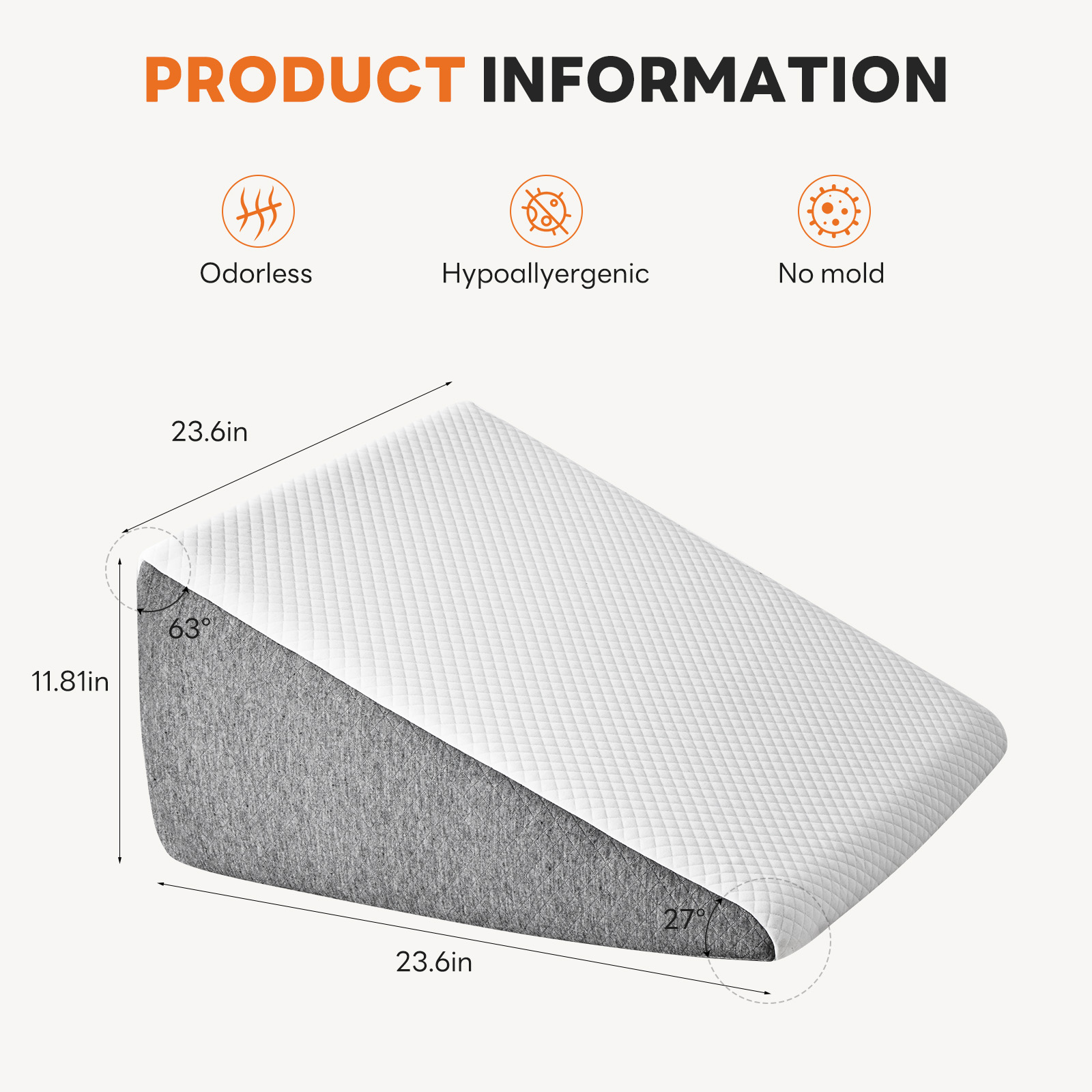 JIOABL Wedge Body Pillow for Sleep Comfort, Neck Pain Relief, Acid Reflux, Heartburn, Back Pain Relief and Snoring, 12Inch