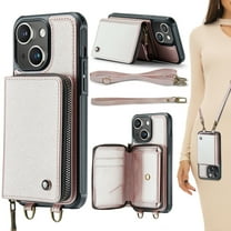for iPhone 15 Case Wallet, Crossbody Zipper Purse Handbag with RFID Blocking Card Slots Kickstand, Detachable Shoulder Lanyard Flip Style PU Leather Shockproof Case for iPhone 15,Rosegold