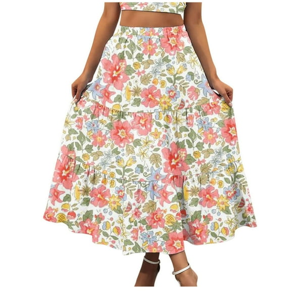 Womens Boho Midi Skirts Casual Swing Flowy Floral Skirts Tiered Layer Ruffle A-Line Skirts